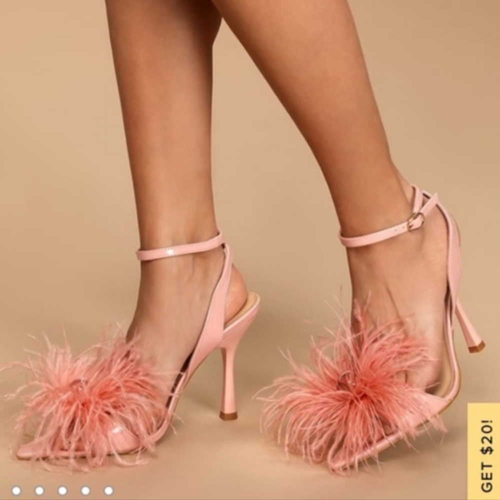 Lulus pink harlee patent feather high heel sandals